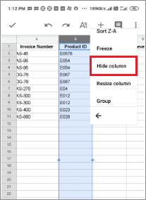 click on hide column