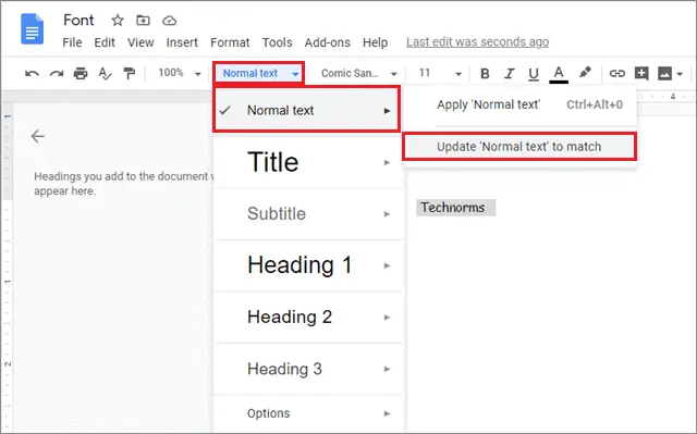 click on normal text to match for how to change default font in google docs