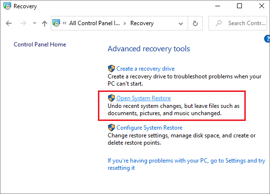 click on open system restore to fix windows 10 desktop icons missing