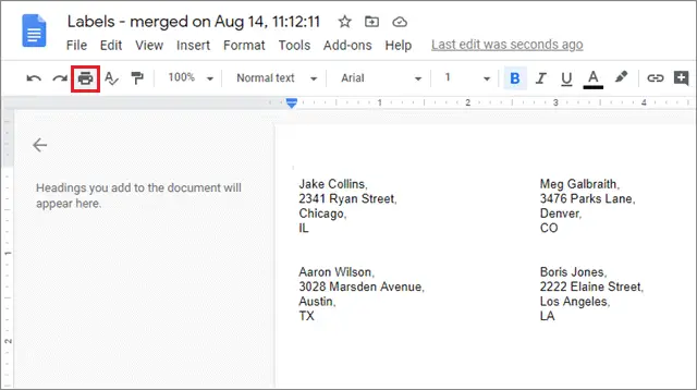 click on print option for how to print labels from google sheets