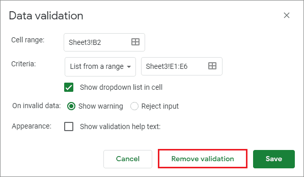 click on remove data validation