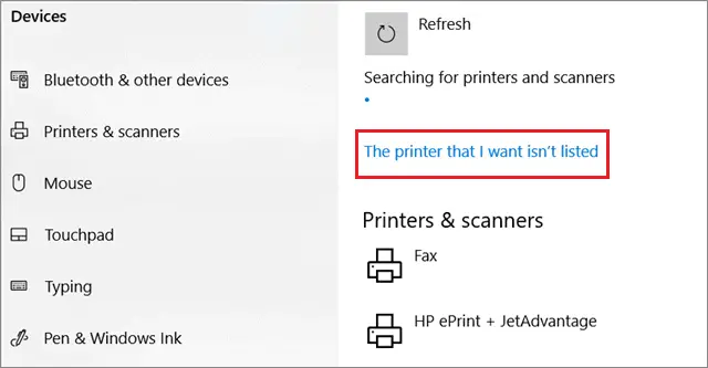  Click on ‘The printer that I want isn’t listed.’