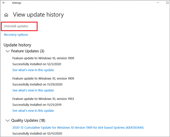 Click on Uninstall updates To Fix Can't Create A New Folder In Windows 10
