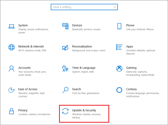 Click on Update & Security