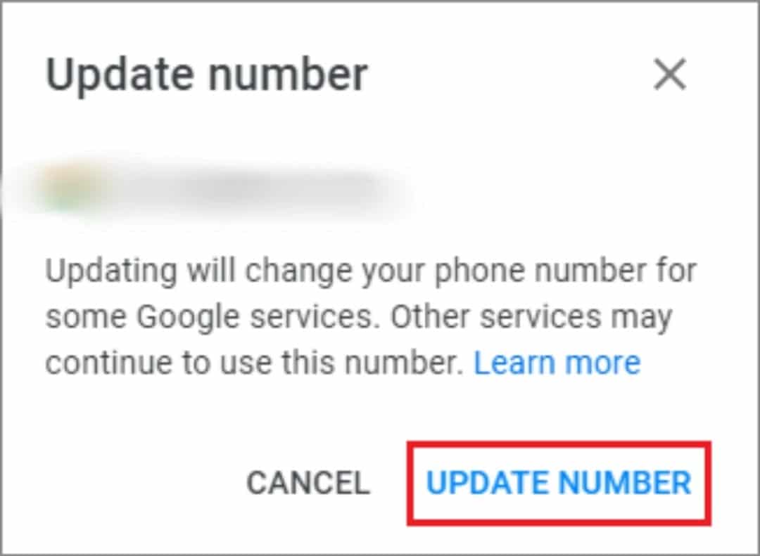 click on update number for how to change phone number on gmail