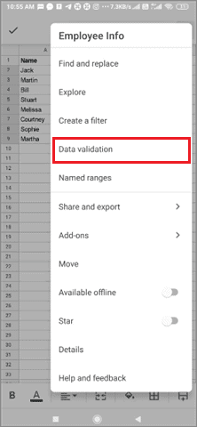 click on vertical dots and select data validation for google sheets drop down