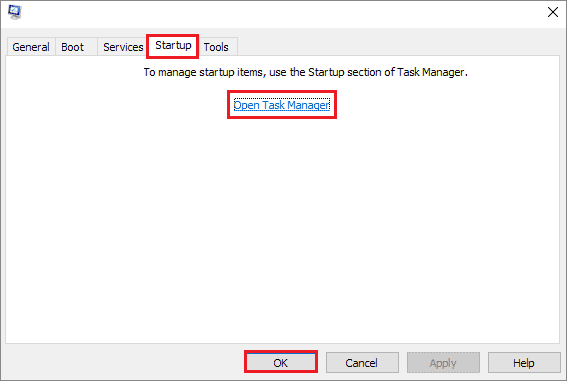 Select on Open Task Manager under Startup tab