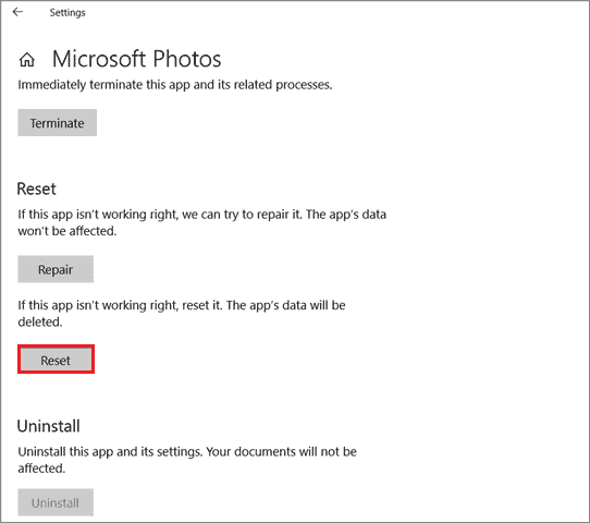  Click Reset to fix windows 10 photos app missing