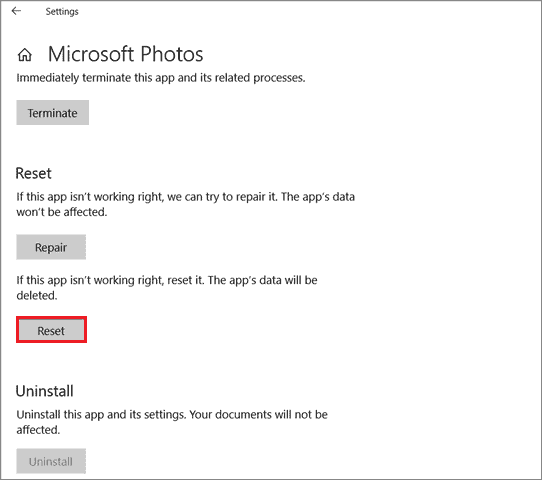 Click Reset to fix windows 10 photos app missing