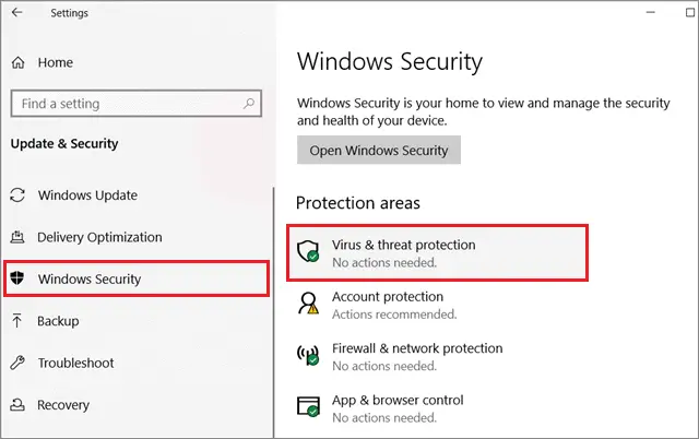 Select Windows Security and Virus and threat protection