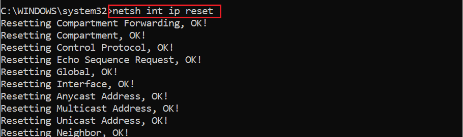 Command netsh int ip reset execution