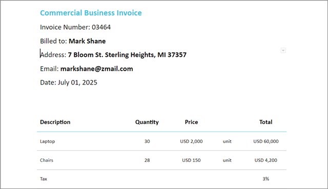 Simple Commercial Invoice For Business