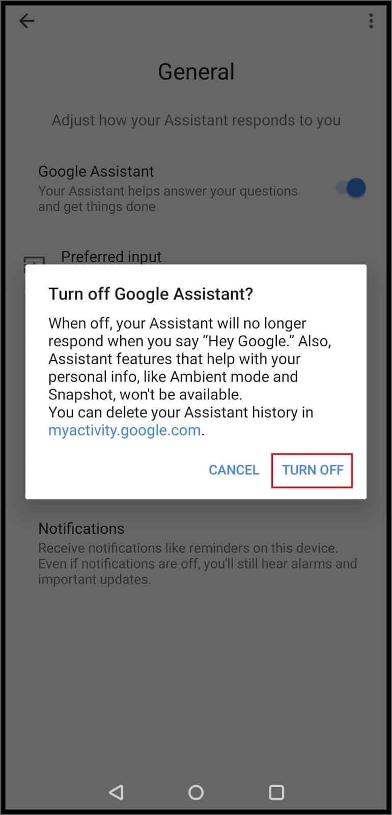 Confirm turning off Google Assistant