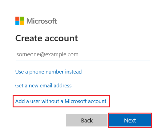  Select Add a user without a Microsoft account