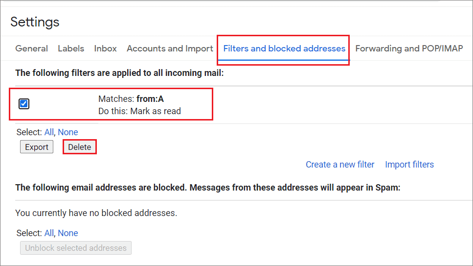 Click on the Delete button if not receiving emails gmail