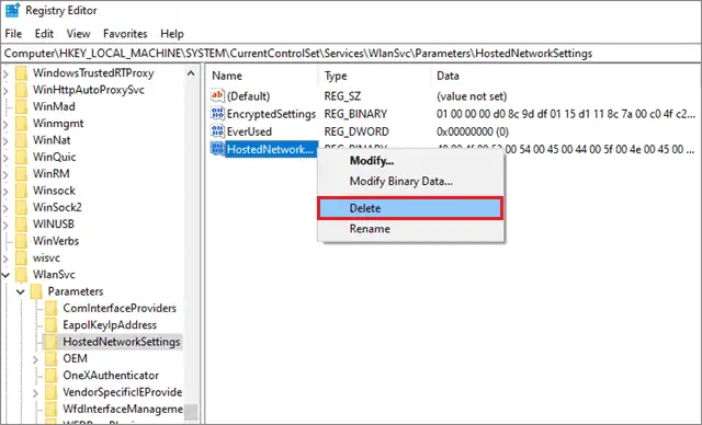 Follow the path and delete the HostedNetworkSettings