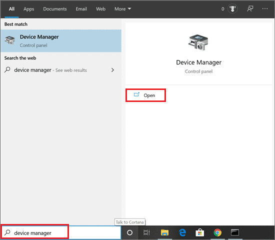 Open the device manager from the desktop search bar