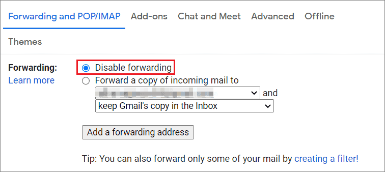 Select Disable forwarding