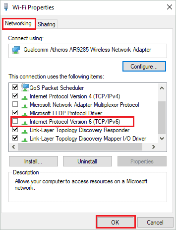 Disable IPv6 to fix error 0x80004005