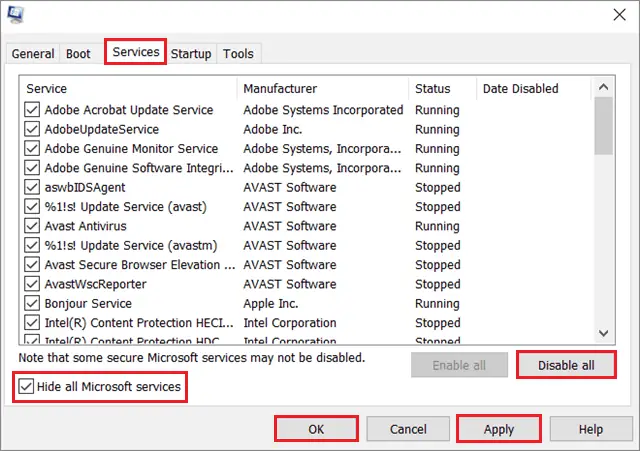 Hide all Microsoft services and click on Disable all