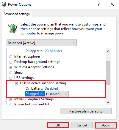 disable selective suspend to fix touch screen not working Windows 10