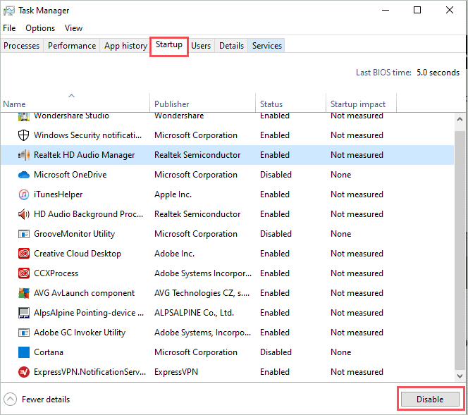Disable Startup apps to fix Windows 10 installation error