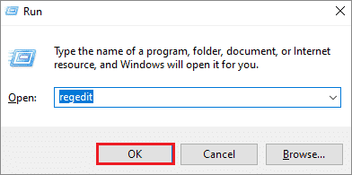 Enter regedit in the Run dialog box and click on OK