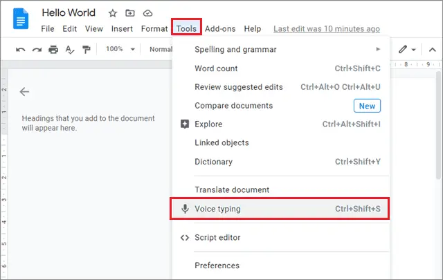 Click on tools to start Google Docs voice typing