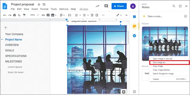 Click to save and download image from google doc using keep