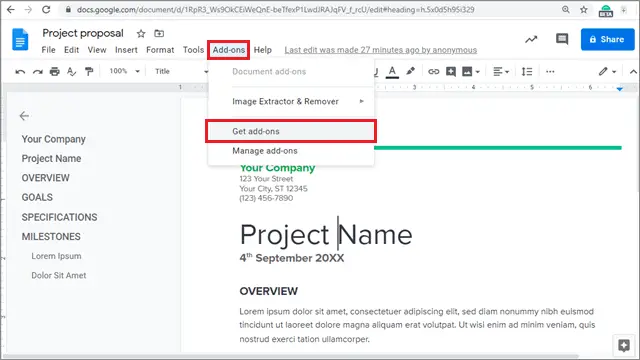 Click on get add-ons in Google docs