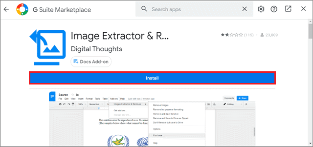 Install the add-on to download image from google doc 