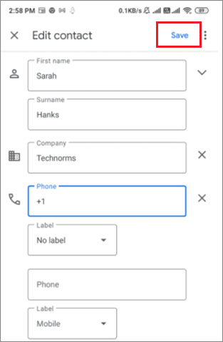 Click on Save for how to edit contacts in gmail