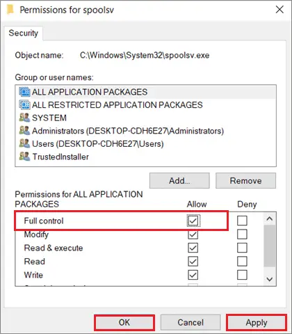 Allow Full Control To Fix Print Spooler Keeps Stopping In Windows 10