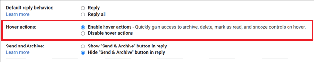 Enable Hover actions for how to organize Gmail