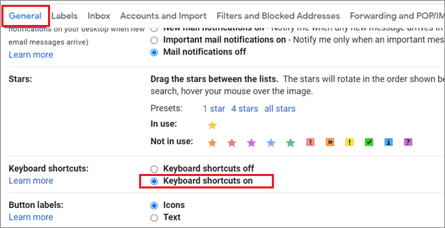 Enable keyboard settings for shortcuts