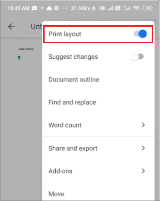 Select Print Layout in Google Docs