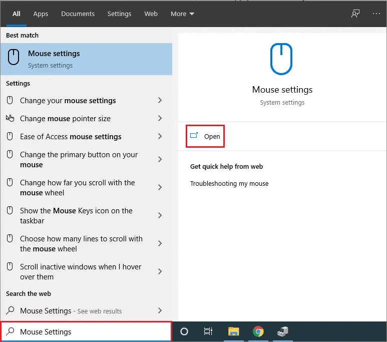 Type Mouse Settings in the search bar when mouse freezes windows 10
