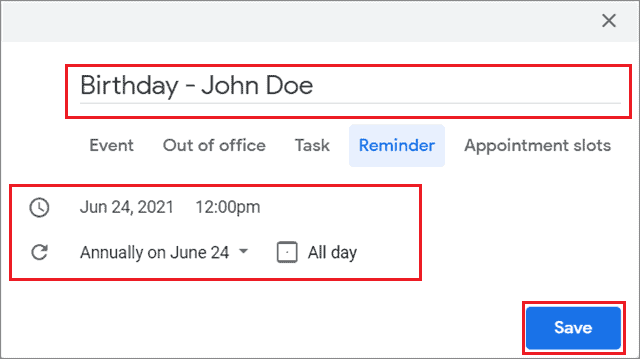 Enter birthday details and set an annual reminder