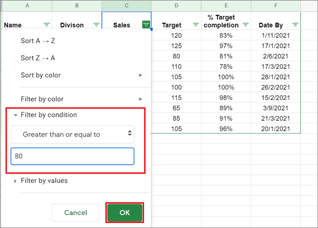 Set the filter criteria