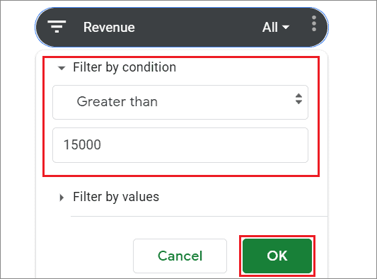 Enter the condition and press OK