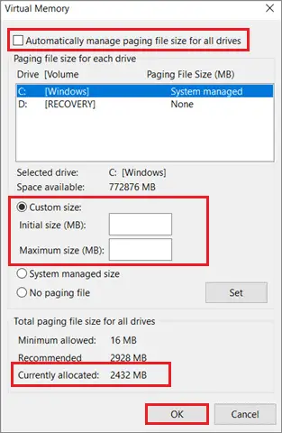 Enter the maximum and initial size range  to fix Windows 10 slow boot issue