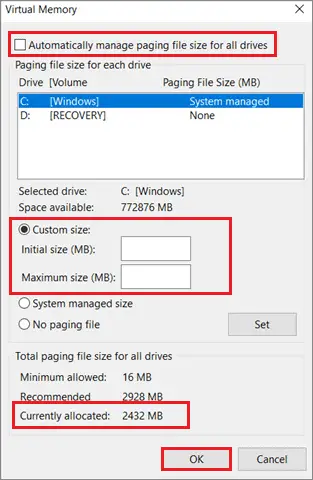 Enter the maximum and initial size range to fix Windows 10 slow boot issue