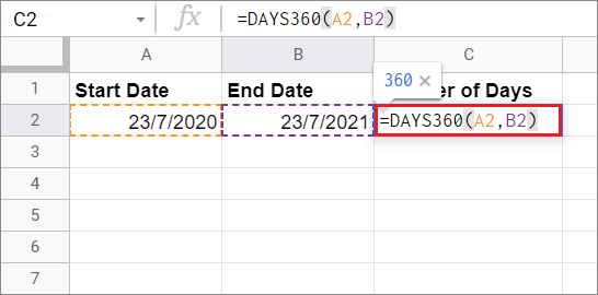 Enter the formula for calculate days between two dates