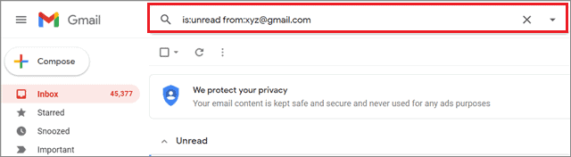 Find unread emails from a specific mail address