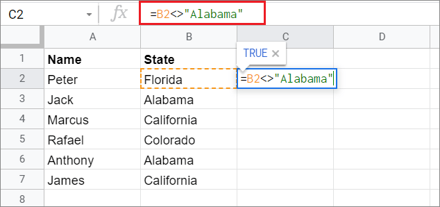 Enter the formula for does not equal sign in google sheets