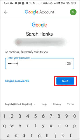 enter the account password