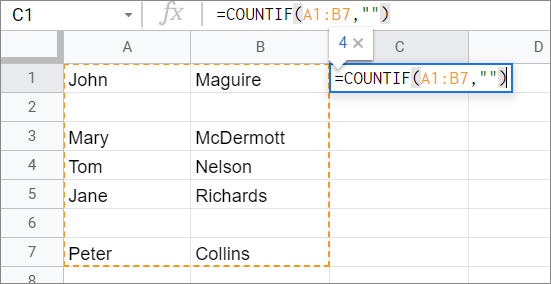 Enter the formula for COUNTIF Google Sheets function