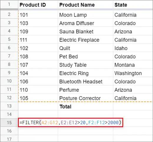 Enter the filter function formula