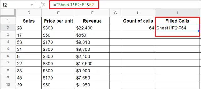 Execute the formula to select the filled cells in a column