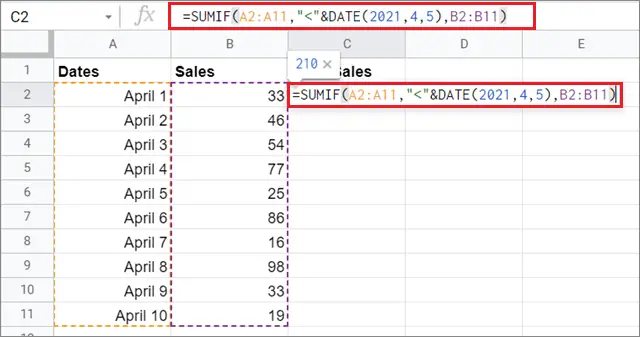 Enter the formula for sumif function